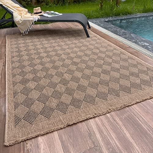 Image of THE RUGS Nature Collection Outdoor Rug – Indoor/Outdoor Tona Border Area Rug for Patio, Deck, Garden, Kitchen, Bathroom or Living Room (Diamond-Dark Grey, 200 x 290 cm)