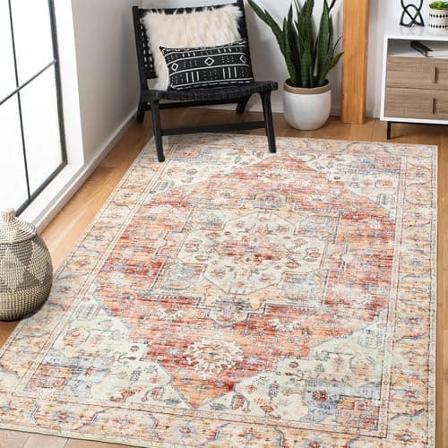Image of XSIVOD Area Rugs for Bedroom Living Room, Orange Washable Rugs for Entryway Kitchen Mat, Non Slip Bedside Vintage Rug, Soft Oriental Rug Accent Floor Carpet for Home Decor, 90 x 150 cm