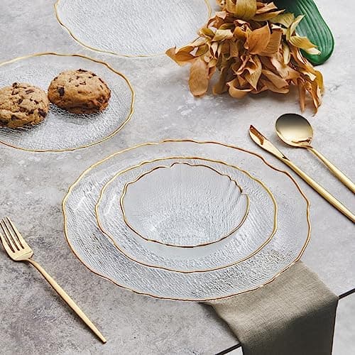 Image of Karaca Milanda Glass Dinner Set for 4 People - 12 Piece Kitchen Dinnerware Sets - Crockery Dining Set with Round Plates and Bowls Dishes Set - Transparent Gold