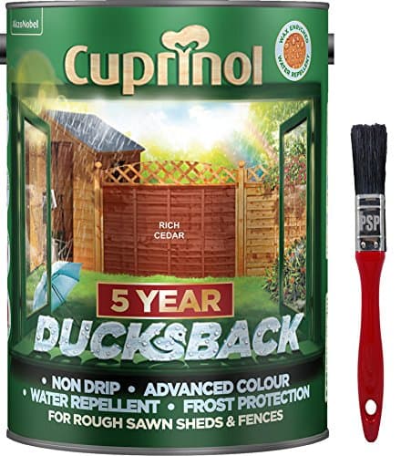 Image of New 2020 Cuprinol Ducksback Shed & Fence Paint 5 Litre Rich Cedar. Non Drip, Water Repellent and Frost Defence. Protection for 5 Years. Includes PSP Touch up Brush.