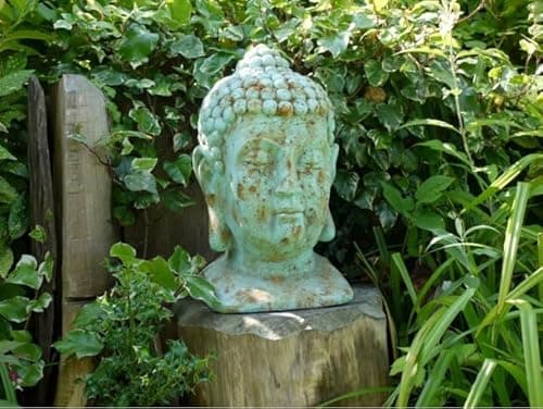 Image of My Square Mile Garden Buddha Ornament Statue Outdoor, Vintage Head Garden Blue Copper Patina, Effect 50 cm Height, 4 kg
