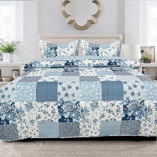 Image of B&B Super King Size Quilt Bedspread Throw Quilted Patchwork Comforter 3 Piece Bedding Set + 2 Pillow Cases for Girls Bedroom Decor - 100% Cotton Warm Blanket (ICE BLUE FLORAL(Des 6)