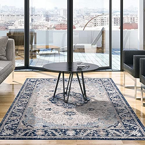 Image of THE RUGS AREA RUG LIVING ROOM BEDROOM LARGE SMALL VINTAGE SOFT SHORT PILE BORDERED CLASSIC ORIENTAL DESIGN TRADITIONAL MOROCCAN BOHO CARPET - SMALL 80X150 CM, NAVY ORIENTAL DESIGN