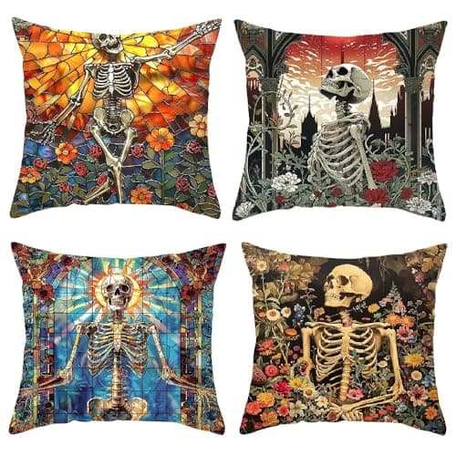 Image of 4 pcs Halloween Skulls Skeletons Love Cushion Covers Skeletons Funny Bones Gothic Pillow Throws for Livingroom Bedroom Couples Sofa Horror Scary Pillowcase Set 45 x 45cm