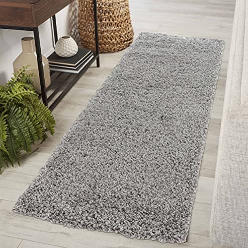 Image of Serdim Rugs Living Room Hallway Runner Shaggy Rugs, Polypropylene, Silver Grey, 60x220cm(2" x7'3)