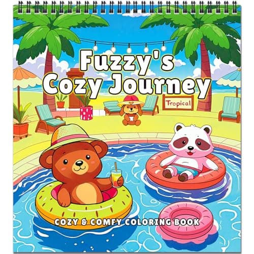 Image of FUNLAVIE Cosy Colouring Book for Adults Relaxation with Cute Animals on Travel Adventures,Cozy Coloring Book for Teen Stress Relief & Mindfulness for Women, Spiral Bound Design - Fuzzy's Cozy Journey