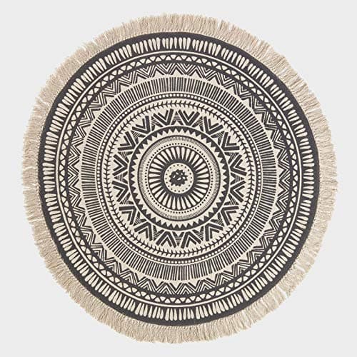 Image of HOMESCAPES Black and White Rug 100% Cotton Round Mandala Rug 145 cm Wide with Tassels Handwoven Bohemian Chic Printed Area Rug for Living Room and Bedroom