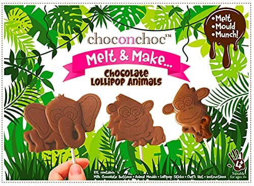 Image of Choc on Choc - Melt and Make Your Own Chocolate Lollipops - Belgian Milk Chocolate DIY Kit for Kids - Fun Animal Shapes, Chef Hat, Lolly Sticks, Moulds & Instructions - 300g