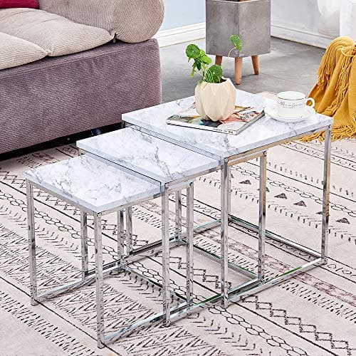 Image of PBPKING High Gloss Nesting Tables, Set of 3 Stackable Design Coffee Tables, End Side Table for Living Room, Lounge, Office (White Marble)