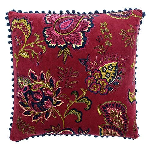 Image of Riva Paoletti Malisa Square Polyester Filled Cushion Red-Paisley Indian Print-Faux Velvet Fabric-Blue Pompom Edges-Machine Washable-100 (20" x 20" inches), Cotton, Pomegranate, 50 x 50cm