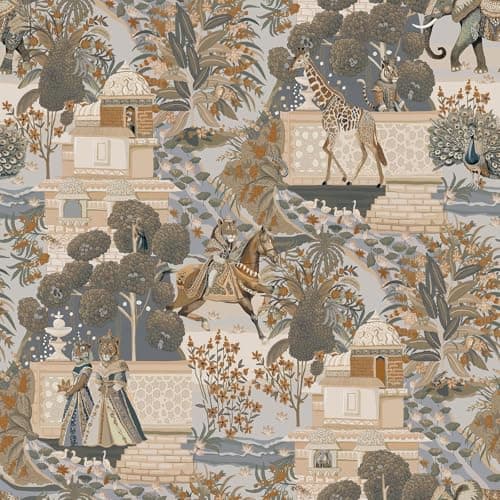 Image of Holden Eastern Horizons Animal Palace Multi Wallpaper for Bedroom, Living Room, Dining Room Decor, Animal Themed Lion, Elephant, Giraffe, 10m Wall Paper Roll for Interior Design Blue/Orange 13761