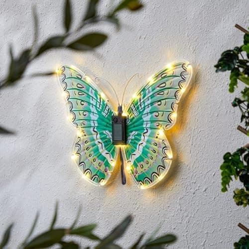 Image of rightclick Butterfly Solar Wall Art with Warm White LED Lights | Metal Wall Art | Solar Lights Outdoor Garden Ornaments | Butterfly Design Solar Powered Outdoor Wall Light for Garden. (Green)
