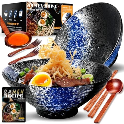 Image of 8-Inch Large Ceramic Ramen Bowl Set of 2 (9 Piece) - Microwave & Dishwasher Safe Porcelain Japanese Salad Noodles Cereal Fruit Pasta Soup Bowls with Recipes Chopsticks Forks Spoons for Men Women Gift