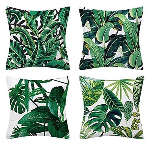 Image of Keyohome Cushion Covers 45 x 45 cm, Set of 4 Tropical Leaves Pillow Cover Cotton and Linen Pillow Case Green Cushion Covers for Sofa Outdoor Garden Bed Couch Cushions(One set of C)
