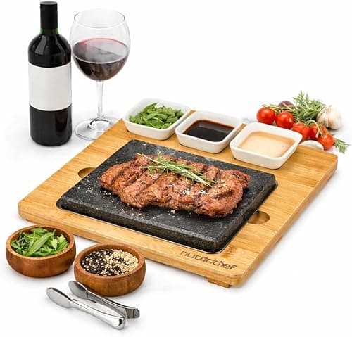 Image of NutriChef Steak Stone Grill, Hot Stone Steak Set, with Bamboo Platter, Stainless Steel Tray, and Ceramic Sauce Bowls, Perfect for Indoor Outdoor Dining, Cooking, Parties and Gifts