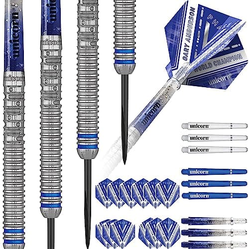 Image of Unicorn Steel Tip Darts Set | Gary 'The Flying Scotsman' Anderson Phase 5 World Champion | 90% Natural Tungsten Barrels with Blue Accents | 22 g