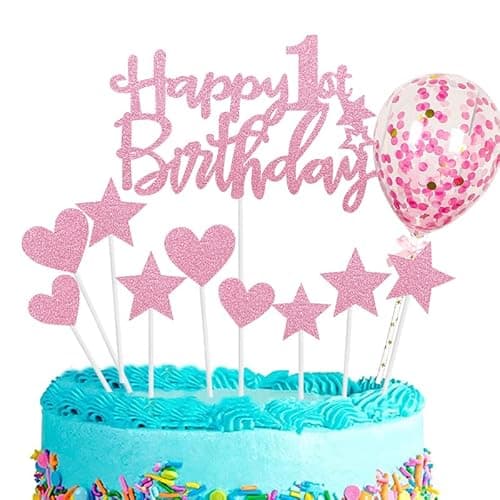 Image of Personalised Happy Birthday Cake Toppers - Pink for Baby Girl, Glitter Cupcake Toppers, 11p, 1st Birthday Cake Decorations