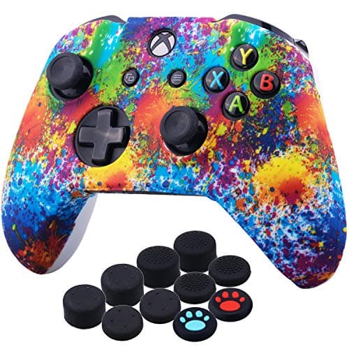 Image of YoRHa Printing Rubber Silicone Cover Skin Case for Xbox One S/X Controller x 1(Spashing Paint) with Thumb Grips x 10