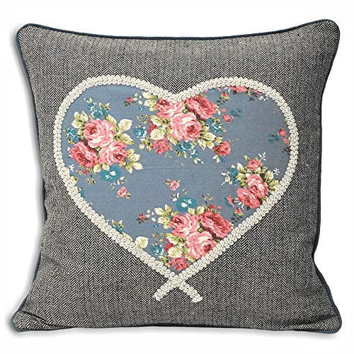 Image of Riva Paoletti Sweet Cottage Heart Cushion Cover - Denim Blue and Grey - Floral Heart Design - Piped Edges - Hidden Zip Design - 100% Polyester - 45 x 45cm (18" x 18" inches) - Designed in the UK