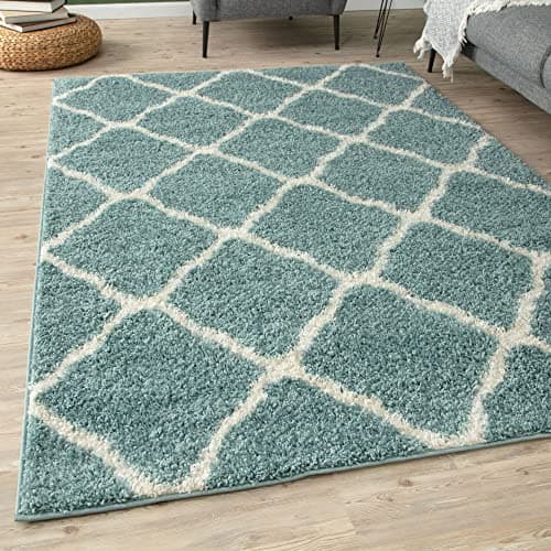 Image of THE RUGS Shaggy Rug – Modern Moroccan Design Rugs for Living Room, Bedroom, Hallway, 3 cm Thick Area Rugs, (Moroccan Duck egg blue/Ivory, 140x200cm)