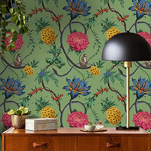 Image of World of Wallpaper Forbidden Fruit Wallpaper Exotic Floral Animals Green/Multi 39002 - Feature Wall Paper for Living Room Bedroom Hallway Lounge
