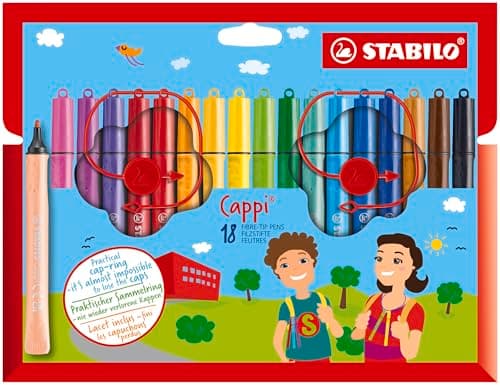 Image of STABILO Fibre-Tip Pen with Cap-Ring - Cappi - Pack of 18 - Assorted Colours + 2 Cap-Rings