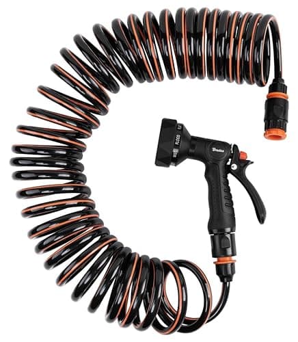 Image of Spiral Garden Hose Set with 9-Pattern Spray Gun, Black and Orange, Flexible Rewind Design, Quick Connectors, 10-15m Length (10 Metre Set)