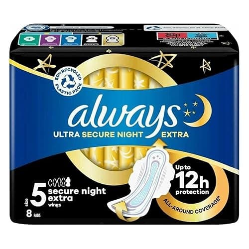 Image of Pack of 8 - Always Sanitary Towels with Wings (Size 5) - Ultra Secure Night Extra - Pack of 8
