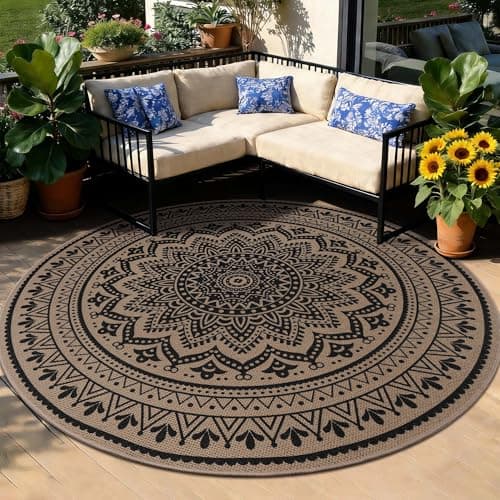 Image of Homcomodar Round Rug Jute Look 120cm Patio Rug Washable Non Slip Indoor Outdoor Rug for Garden Farmhouse Hessian Mandala Circle Carpet for Bedroom Entryway Backyard,Black Brown