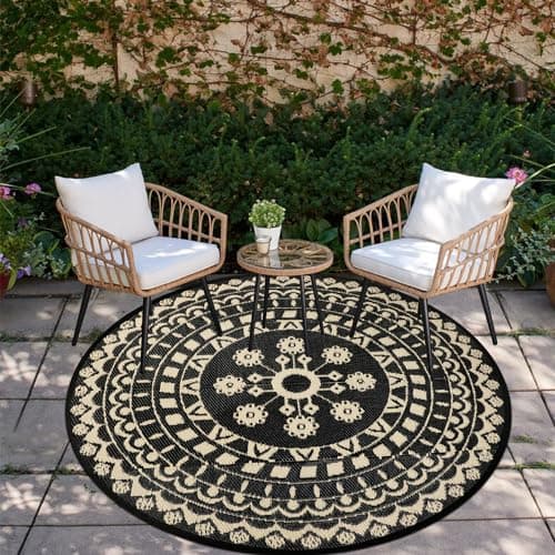 Image of Capslpad 150cm Round Outdoor Patio Rug Waterproof Reversible Mat Portable Plastic Straw Rug Boho Circle Indoor Outside Area Rug for RV Camping Picnic Pool Tent Balcony Beach Deck Doormats Decor