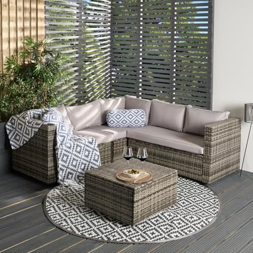 Image of OHS Rattan Garden Furniture, 5 Seater Garden Corner Sofa with Table Set Outdoor Seating Patio Furniture Set Conservatory Wicker Table Soft Cushions Outdoor Sofa Summer Essentials - Tuscany, Grey