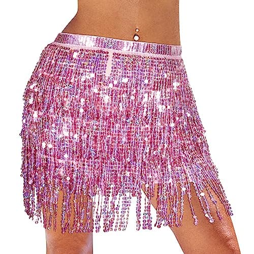 Image of Monbessi Sequin Tassel Belly Dance Skirt - Glitter Performance Costume for Women and Girls Festival Dance