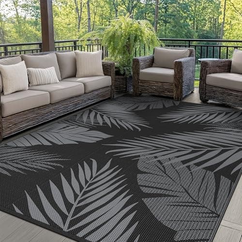 Image of GENIMO Outdoor Rug Garden Rugs Outdoor Waterproof Reversible Washable UV Resistant Carpet Modern Large Area Rugs for Patios, Garden, RV, Picnic, Backyard, Balcony, 240x300cm, Black & Grey