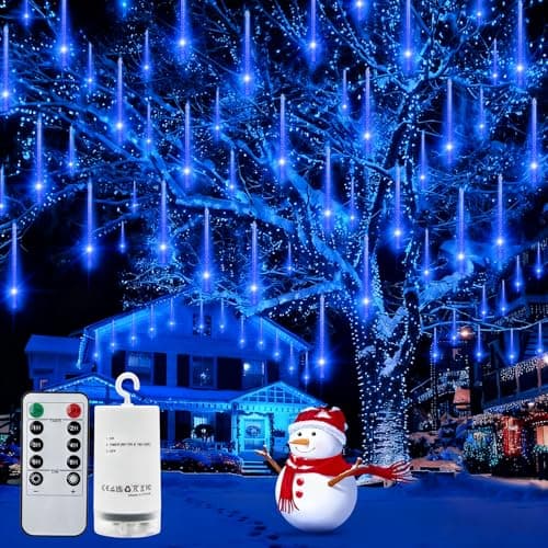 Image of CCILAND Meteor Shower Lights with Remote, 144 LED Christmas Icicle String Lights Battery Powered Falling Rain Lights Outdoor Waterproof for Tree Patio Party Wedding Xmas Decor - Blue