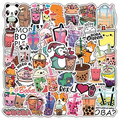 Image of 50Pcs Cartoon Beverage Stickers, Trendy Summer Bubble Milk Tea Flavored Drink Animal Sticker Pack, Cute Vinyl Waterproof Decals for Kids Teens, Party Favors for Water Bottle Laptop Phone