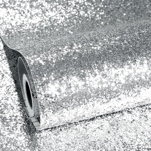 Image of ReWallpaper Silver Sparkle Wallpaper Peel and Stick Glitter Stair Stickers Self-Adhesive 40CM×3M Silver Sparkly Contact Paper for Cabinets Crafts Wall Removable Stick on Wallpaper Girls Room