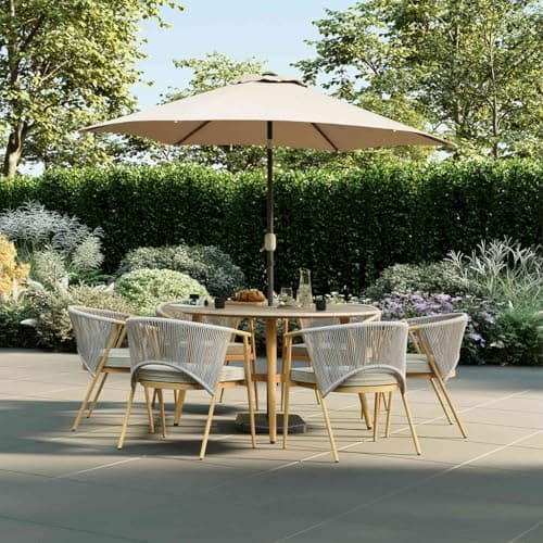 Image of CHARLES BENTLEY 6 Seater Dining Set, Outdoor, Wood Effect, Rope Weave, Dining Set, Weather Resistant, UV Protected, 6 Stackable Chairs, Easy Storage, Light Grey, Wood Effect Frame