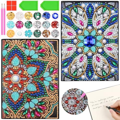Image of AUAUY 2 Diamond Art Notebook, A5 Mandala Blank Notebook Craft Kits for Kids Age 6-8-9-10, Birthday Gifts for 5-12 Year Old Girls, 5D Diamond Art Painting Stationery Set Arts and Crafts Kits for Kids
