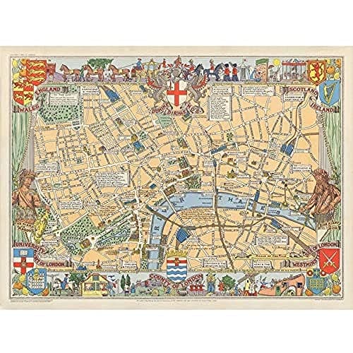 Image of Artery8 1938 Children’s Map of London Wall Art Print : Playful Illustrated British City Map for Kids' Room or Playroom Educational Vintage Decor for Young Learners