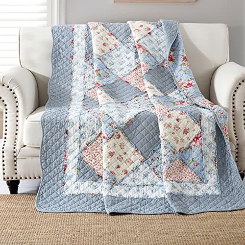 Image of Qucover Single Bedspread Quilted Soft Cotton Blue Floral Patchwork Quilts, Quilted Blanket 150x200 cm