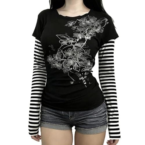 Image of GOTHPICKUS Womens Y2K Stripe Vintage Graphic Sweatshirt 2000s Grunge Slim Fit Long Sleeve Tops Punk Retro Alt Pullovers, Black, Large