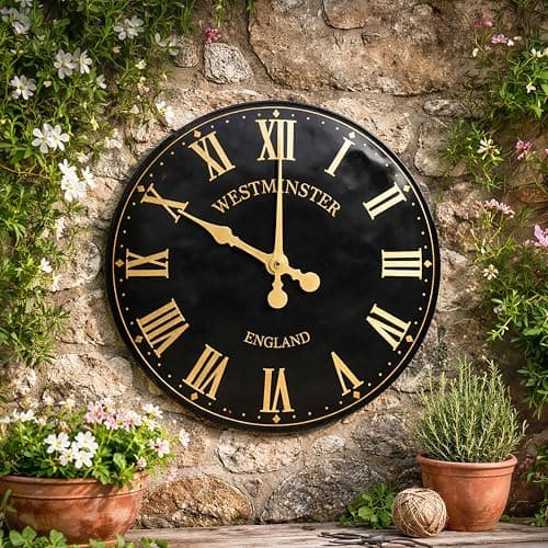 Image of Homezone Large Outdoor Garden Wall Clock 38cm – Waterproof Indoor Outdoor Clock with Roman Numerals, Battery Powered Wall Clock for Patio, Kitchen, Garden, Balcony & Home Decor (Black Westminster)