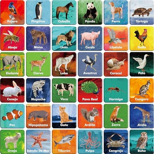 Image of Hebayy 36 Pairs Animal Matching Game, 72PCS Spanish Flashcards 36 Designs Memory Cards Educational Learning Toys for Preschool 4 5 6 Years Old (Each Measures 2” X 2”)