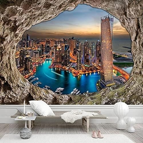 Image of XLMING Cave Stonewall City at Night 3D Wallpaper Living Room Sofa Bedroom Dining Room Home Decoration Wall-150cm×105cm