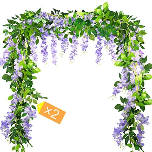 Image of MOTONG Artificial Flowers Decoration, 2 Pcs (2M/7FT/Piecs) Fake Flowers Artificial Wisteria Vines, Artificial Vine Garland Plants Arts For Ceremony Home Garden Wedding Party Decoration(Purple)