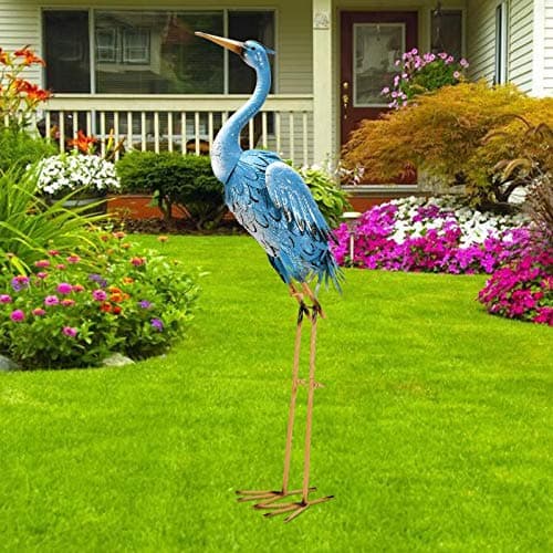 Image of Goodeco 96cm Standing Blue Metal Crane Statue - Indoor/Outdoor Heron Garden Animal Sculpture Gifts for Home, Patio, Backyard, Porch, Yard Bird Art, Lawn Decoration