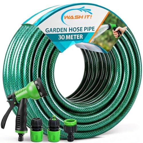 Image of Garden Hose Pipe with Connectors and Hosepipe Spray Gun - Reinforced Garden Hose Set Including Adjustable Hosepipe Spray Gun, Tap Connector and 2 Couplers for Plant Watering and Car Washing (30m)