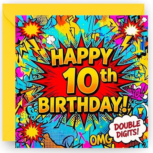 Image of 10th Birthday Card Gift for Boys and Girls – Comic Book Style Design – Happy 10 Years Old Greeting Card – With Vibrant Yellow Envelope – Size 14cm