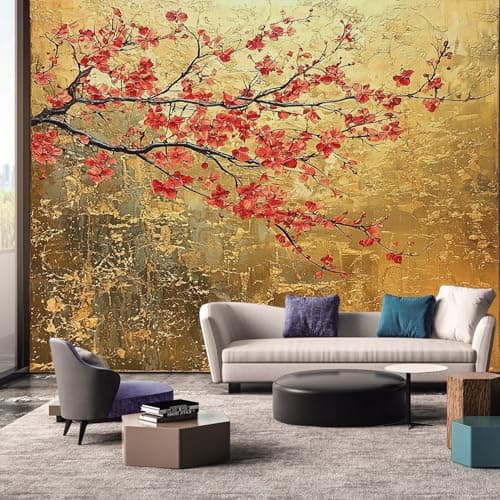Image of Japanese Wallpaper, Red Gold Branch Floral Wallpaper Murals, Japanese Room Decor Wall Art for Bedroom Kitchen Living Room 350L x 256W cm