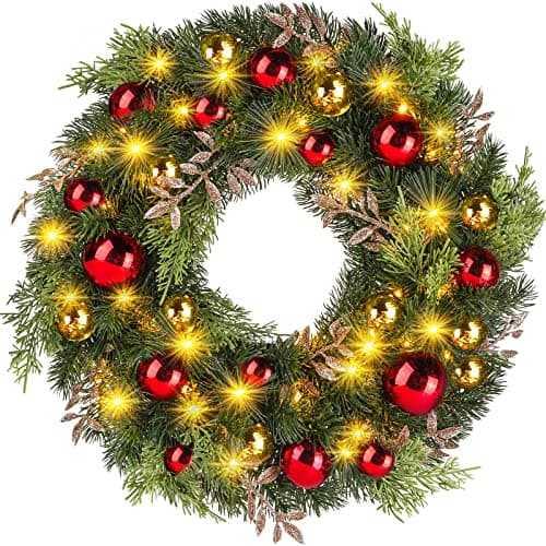 Image of Ulinek Christmas Wreath, 40 LED Wreath Decoration Xmas with Timer for Front Door, Door Hanging Garland Light up Christmas Wreath Battery Operated Decor Artificial Wreath Indoor for Door Window Wall
